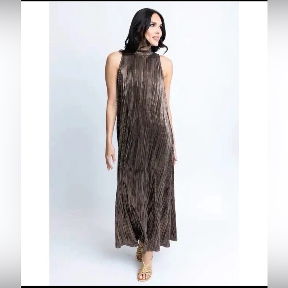 Karlie Metallic Brown Pleated Maxi Dress